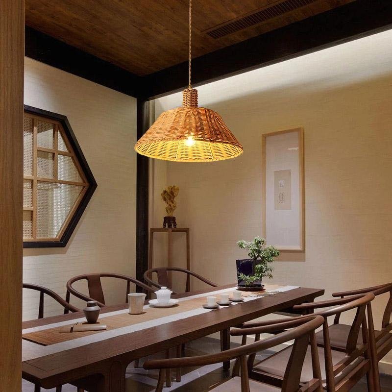 Wide Bell Shaped Bamboo Ceiling Lamp Burlywood Farmhouse Pendant Light-Lighom