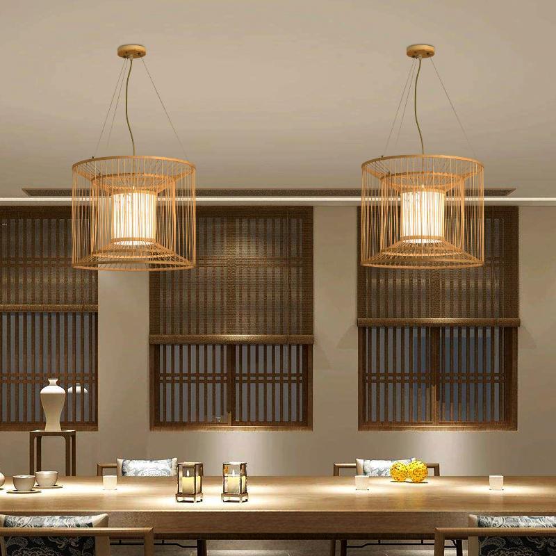 Multi-Layer Cylindrical Cage Decorative Bamboo Pendant Light