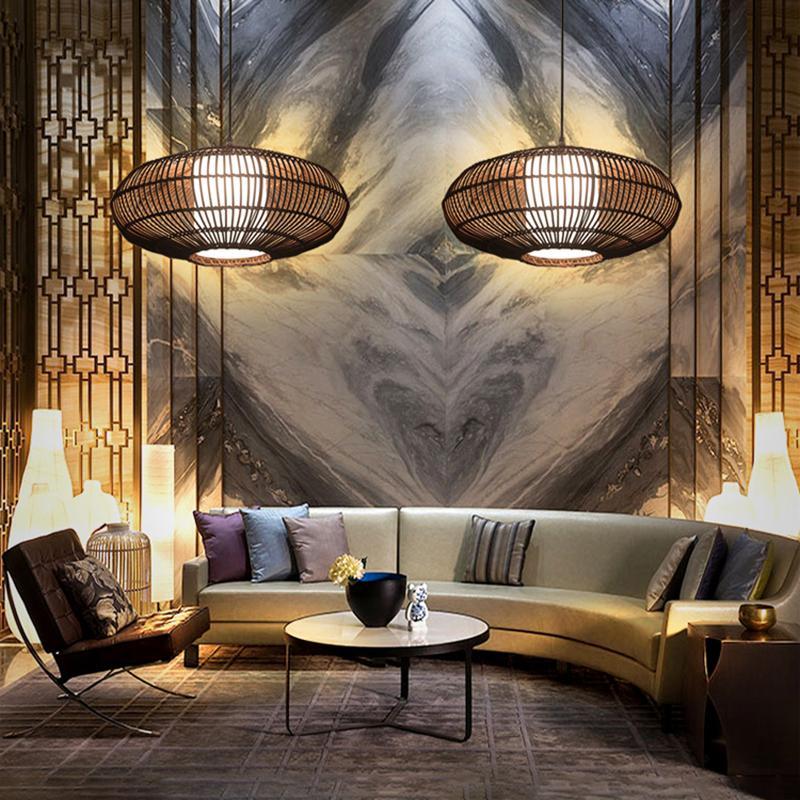 Short Circular Dark Brown Bamboo Pendant Light Farmhouse Kitchen Lighting-Lighom