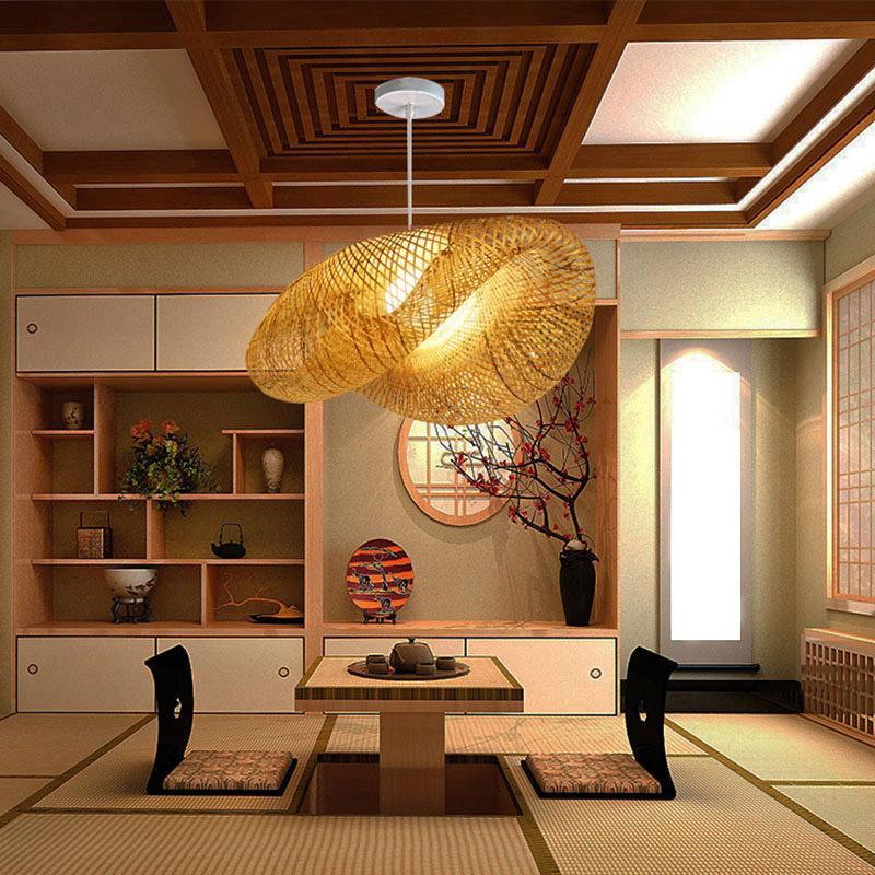 Rustic curved pendant lighting in bamboo — 7" H x 20" Dia