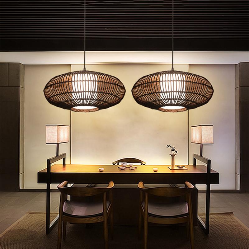 Short Circular Dark Brown Bamboo Pendant Light Farmhouse Kitchen Lighting-Lighom