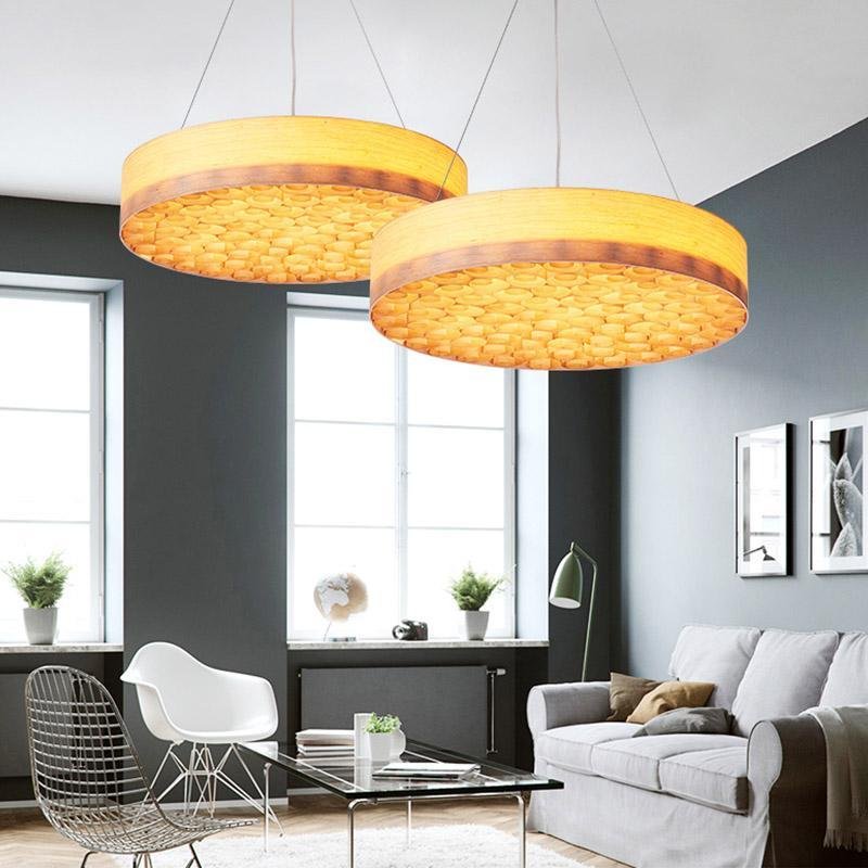 24" Large Burlywood Drum Wood Living Room Pendant
