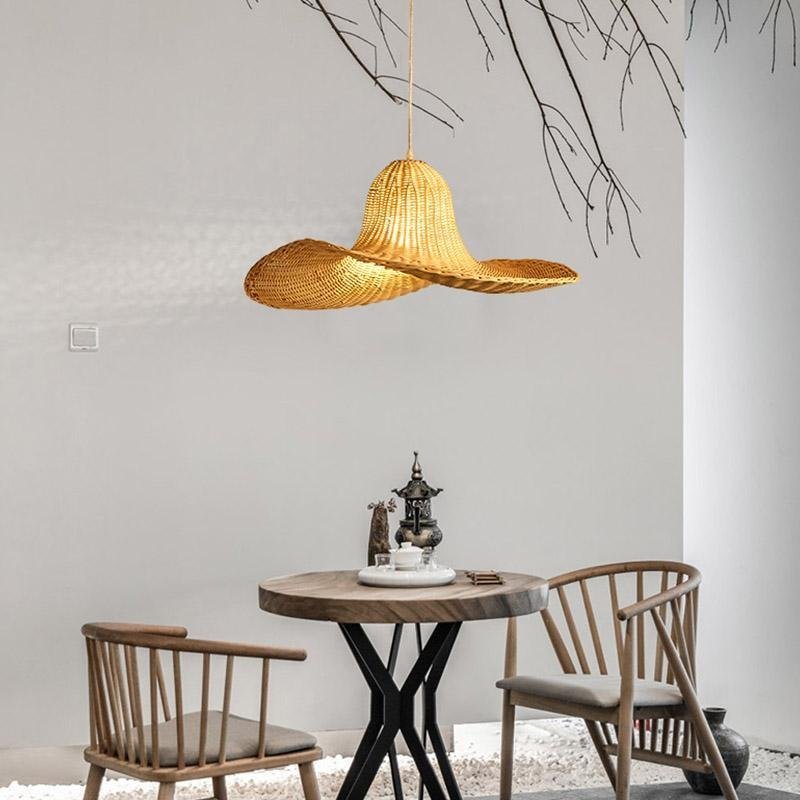 24" Rustic Hat-Shaped Rattan Dining Pendant