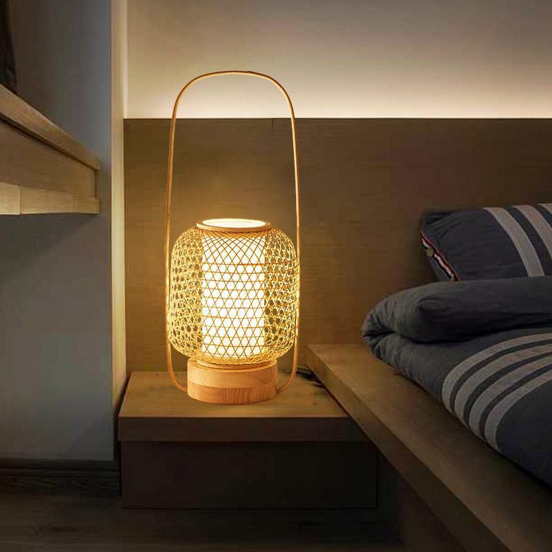Rustic Woven Bamboo Cylinder LED Lamp
