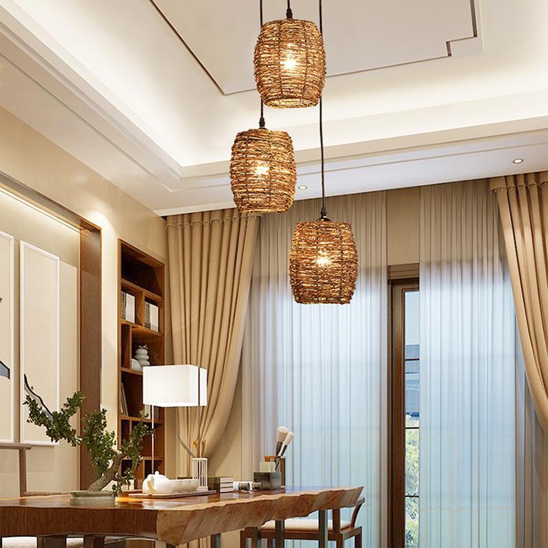 Rustic 3-piece wicker pendant lighting in wood metal glass