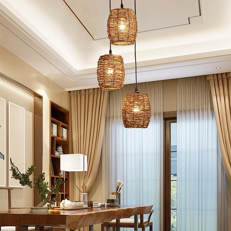 Rustic 3-piece wicker pendant lighting in wood metal glass