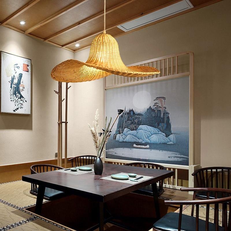 24" Rustic Hat-Shaped Rattan Dining Pendant