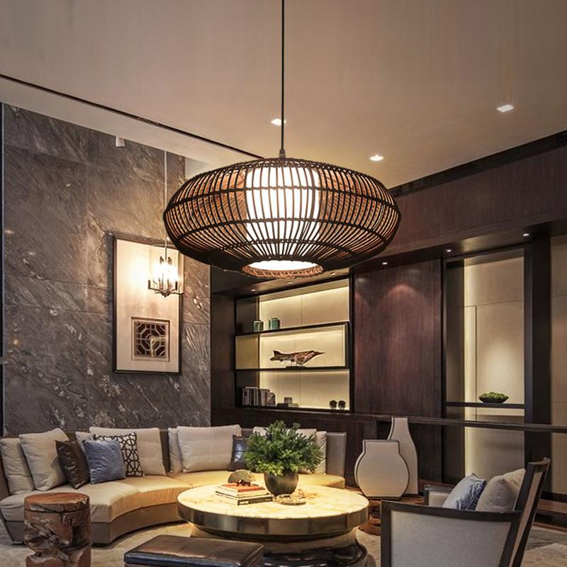 Short Circular Dark Brown Bamboo Pendant Light Farmhouse Kitchen Lighting-Lighom