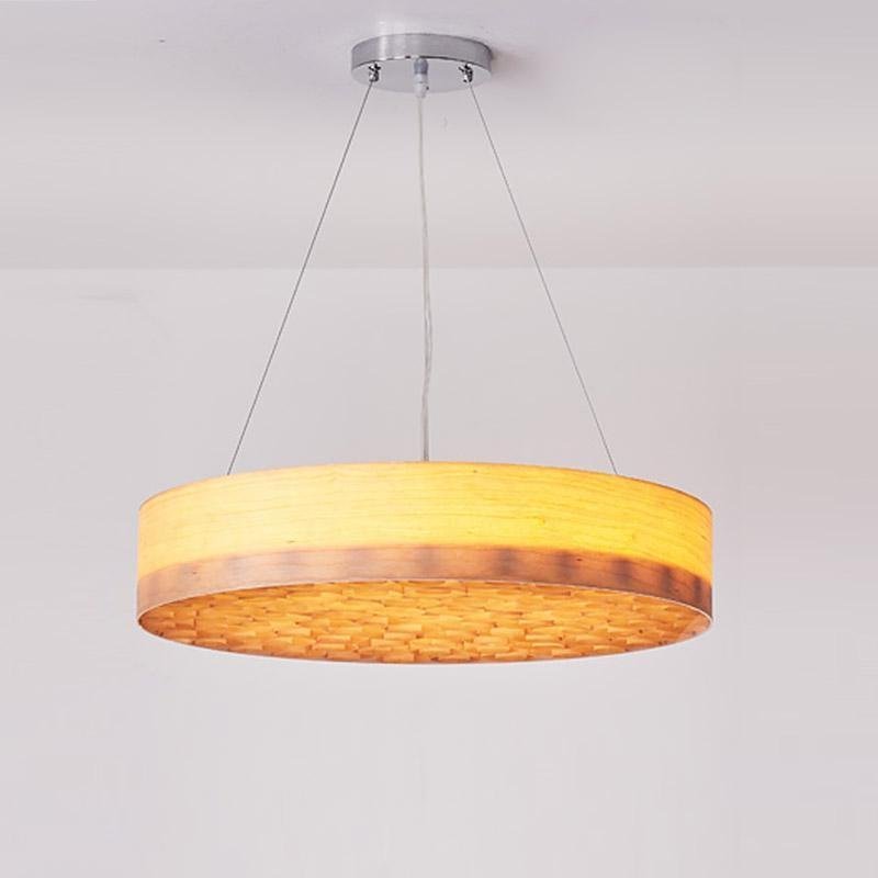 24'' Large Burlywood Drum Light Pendant Wood Living Room Pendant Lighting-Lighom