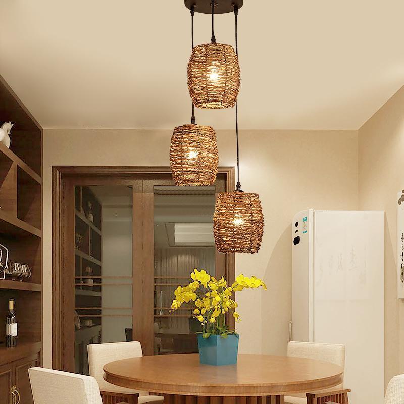 Oak rustic wicker 3-piece pendant lighting
