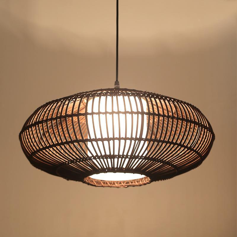 Short Circular Dark Brown Bamboo Pendant Light Farmhouse Kitchen Lighting-Lighom