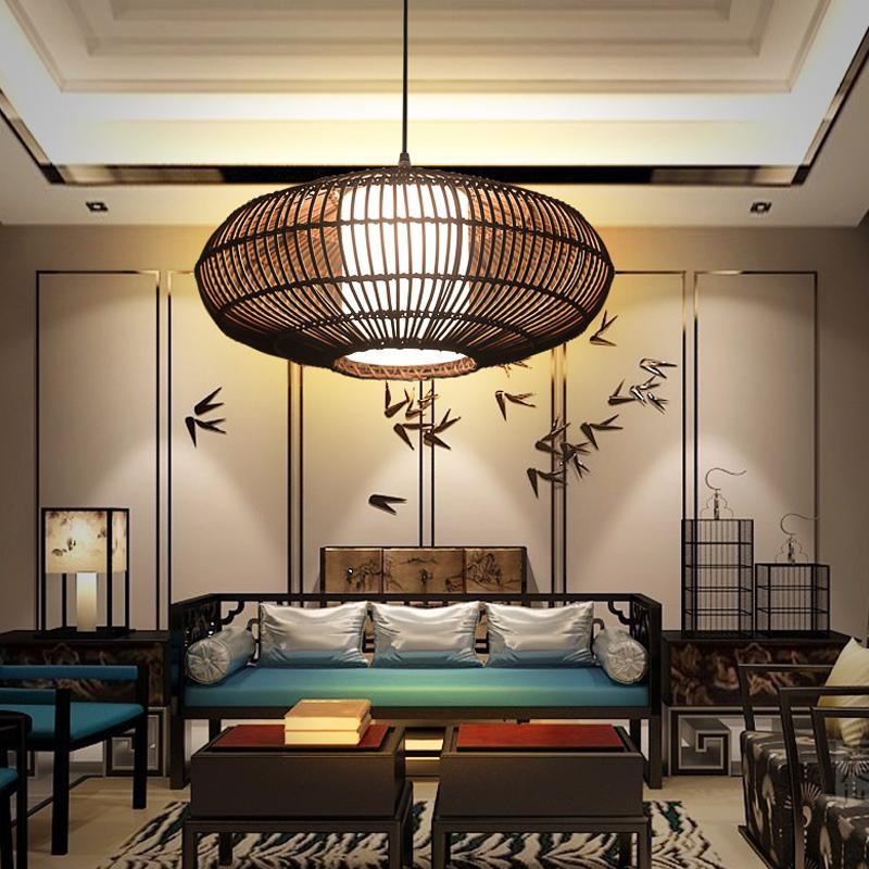 Short Circular Dark Brown Bamboo Pendant Light Farmhouse Kitchen Lighting-Lighom
