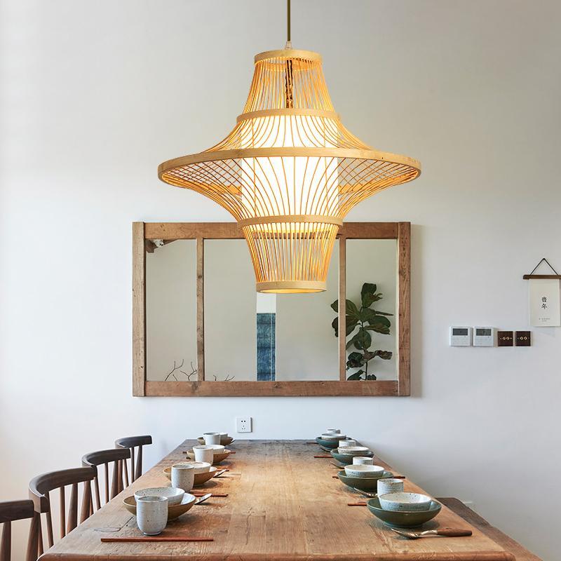 Two-Cone Burlywood Farmhouse Bamboo Pendant Light