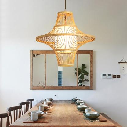 Two-Cone Burlywood Farmhouse Bamboo Pendant Light