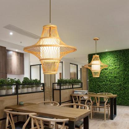 Two-Cone Burlywood Farmhouse Bamboo Pendant Light