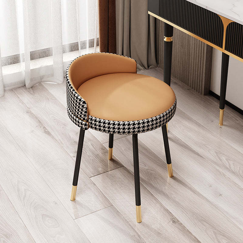 Nordic Houndstooth Leather Fabric Vanity Stool — Gray Seat + Black Legs