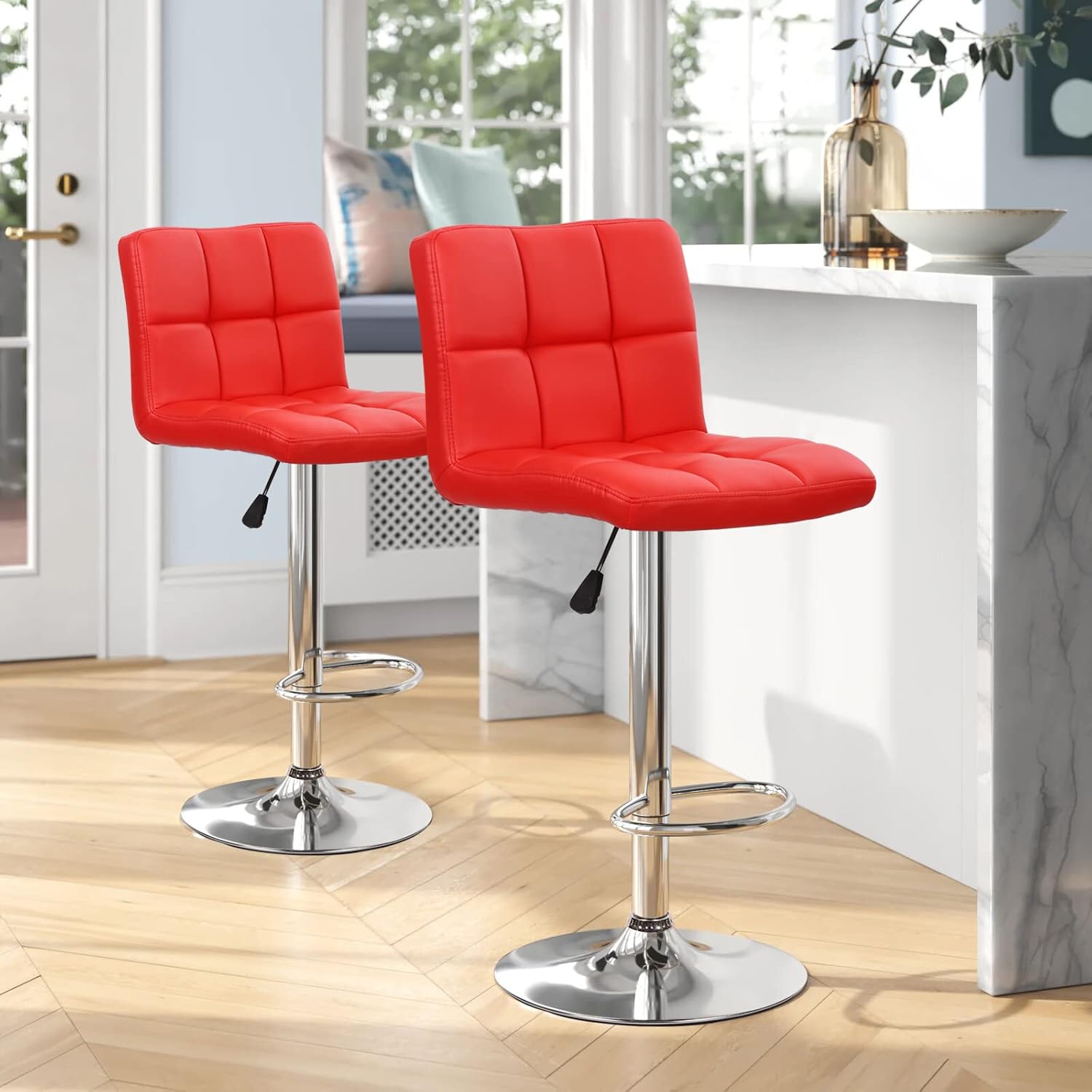 Red leather metal bar & counter stools for dining room, Lighom