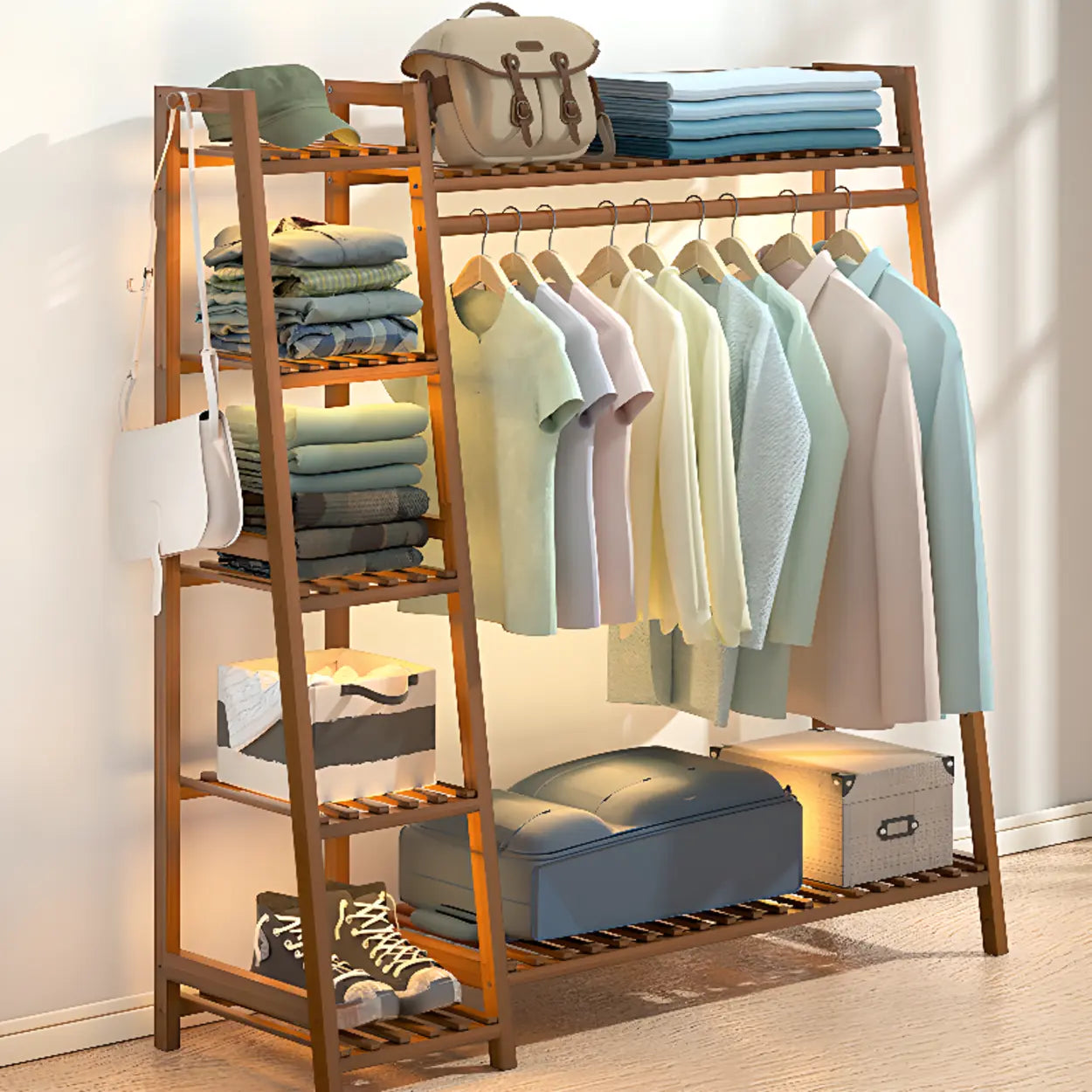 A-Frame Natural Bamboo Coat Rack with Shelves
