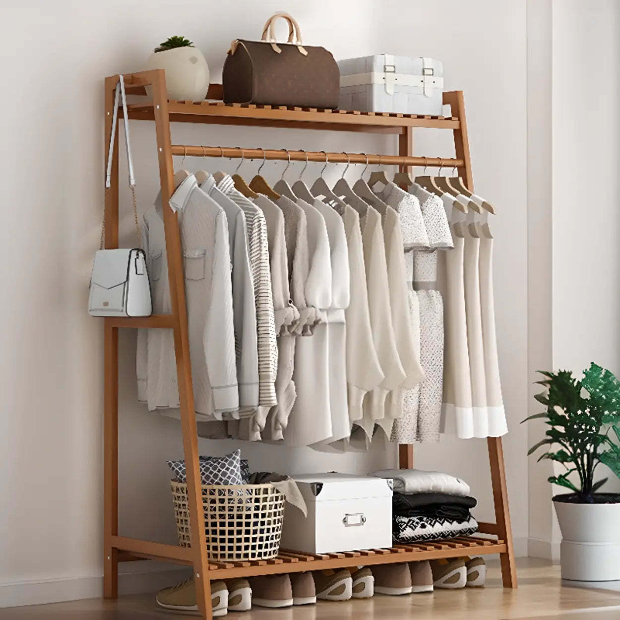Natural bamboo coat a-frame hall trees & coat racks - modern — 39" L x 16" W x 55" H / Tan