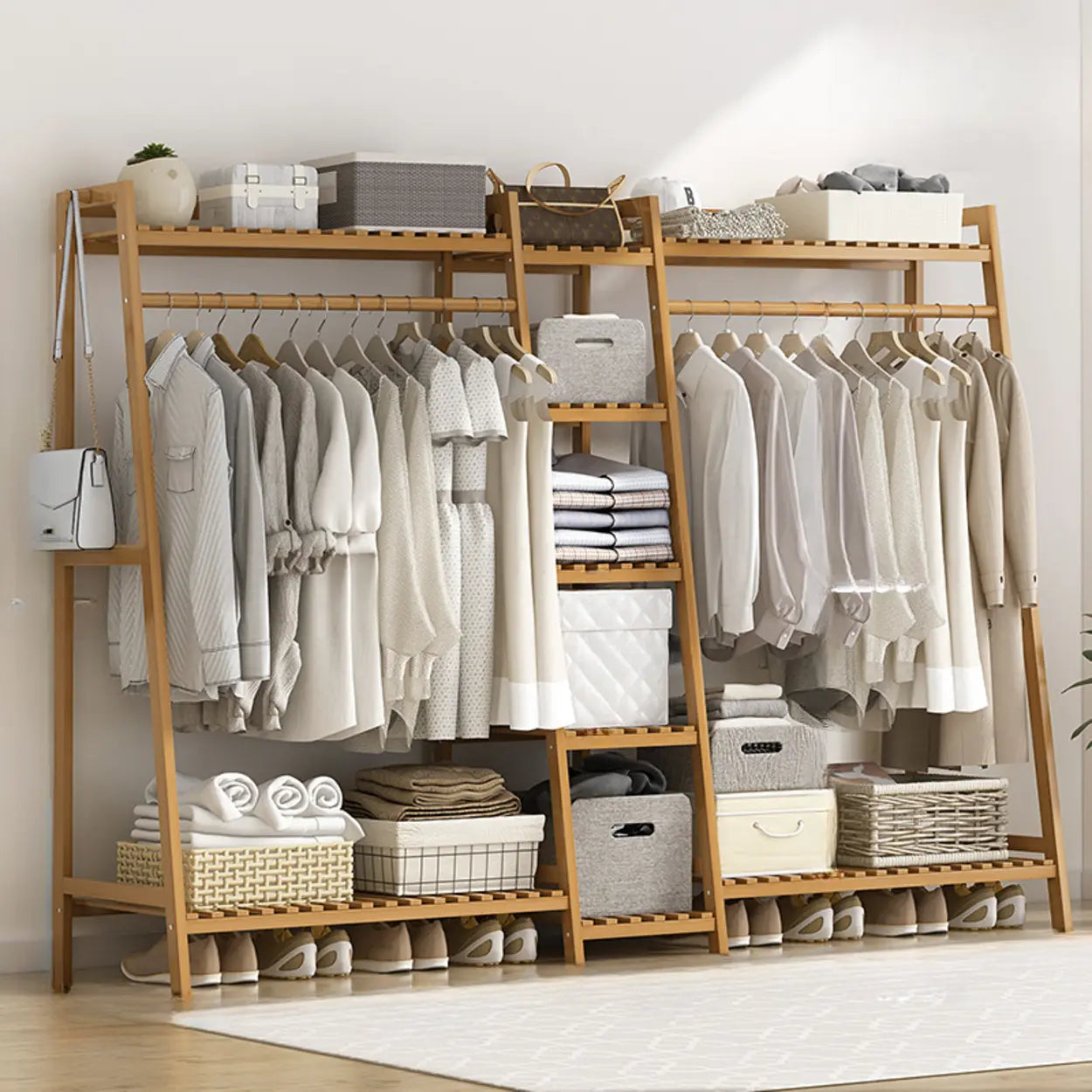 A-Frame Natural Bamboo Coat Rack with Shelves