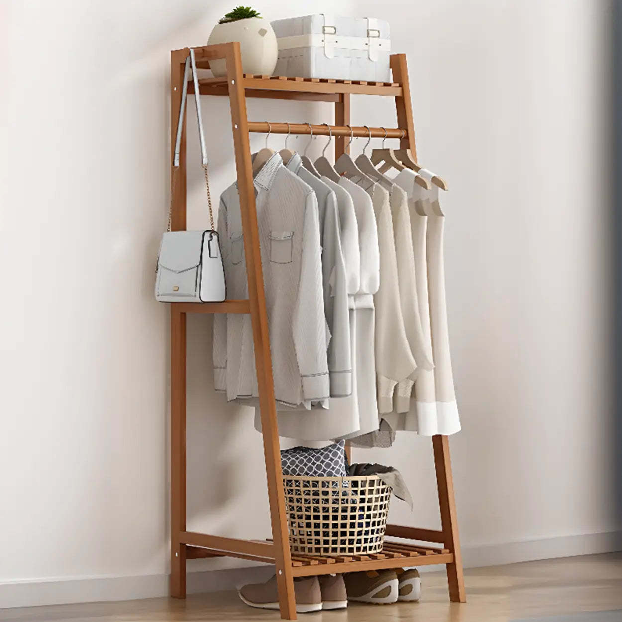 A-Frame Natural Bamboo Coat Rack with Shelves