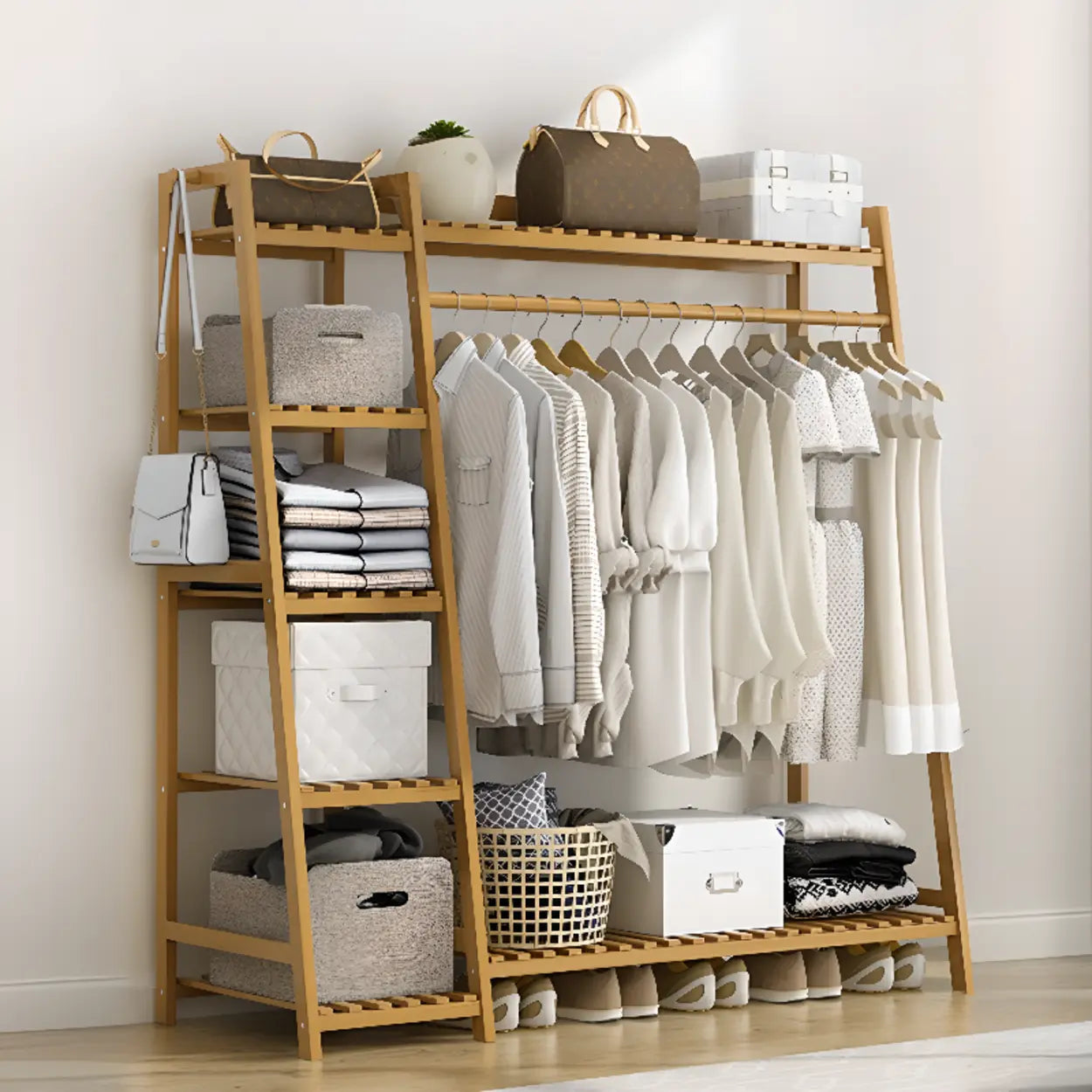 A-Frame Natural Bamboo Coat Rack with Shelves