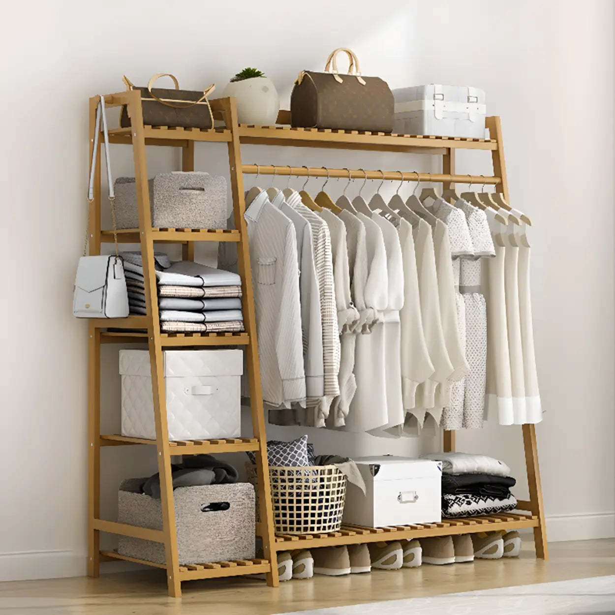 A-Frame Natural Bamboo Coat Rack with Shelves