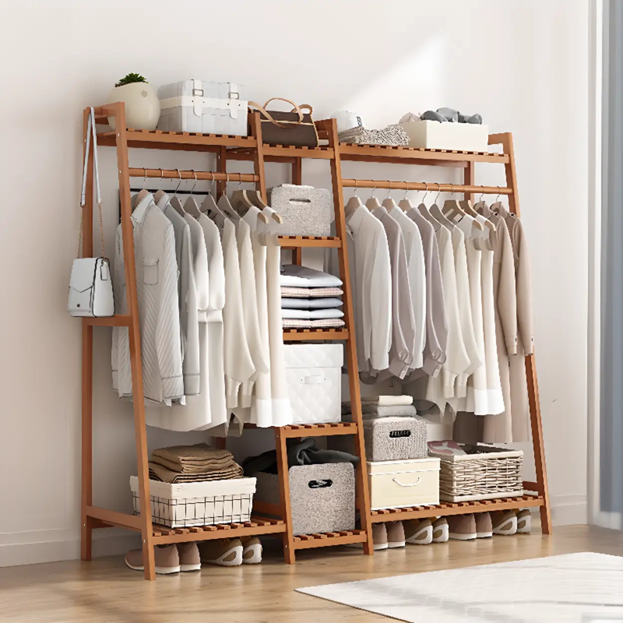A-Frame Natural Bamboo Coat Rack with Shelves