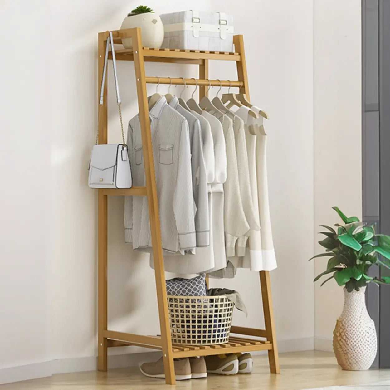 A-Frame Natural Bamboo Coat Rack with Shelves