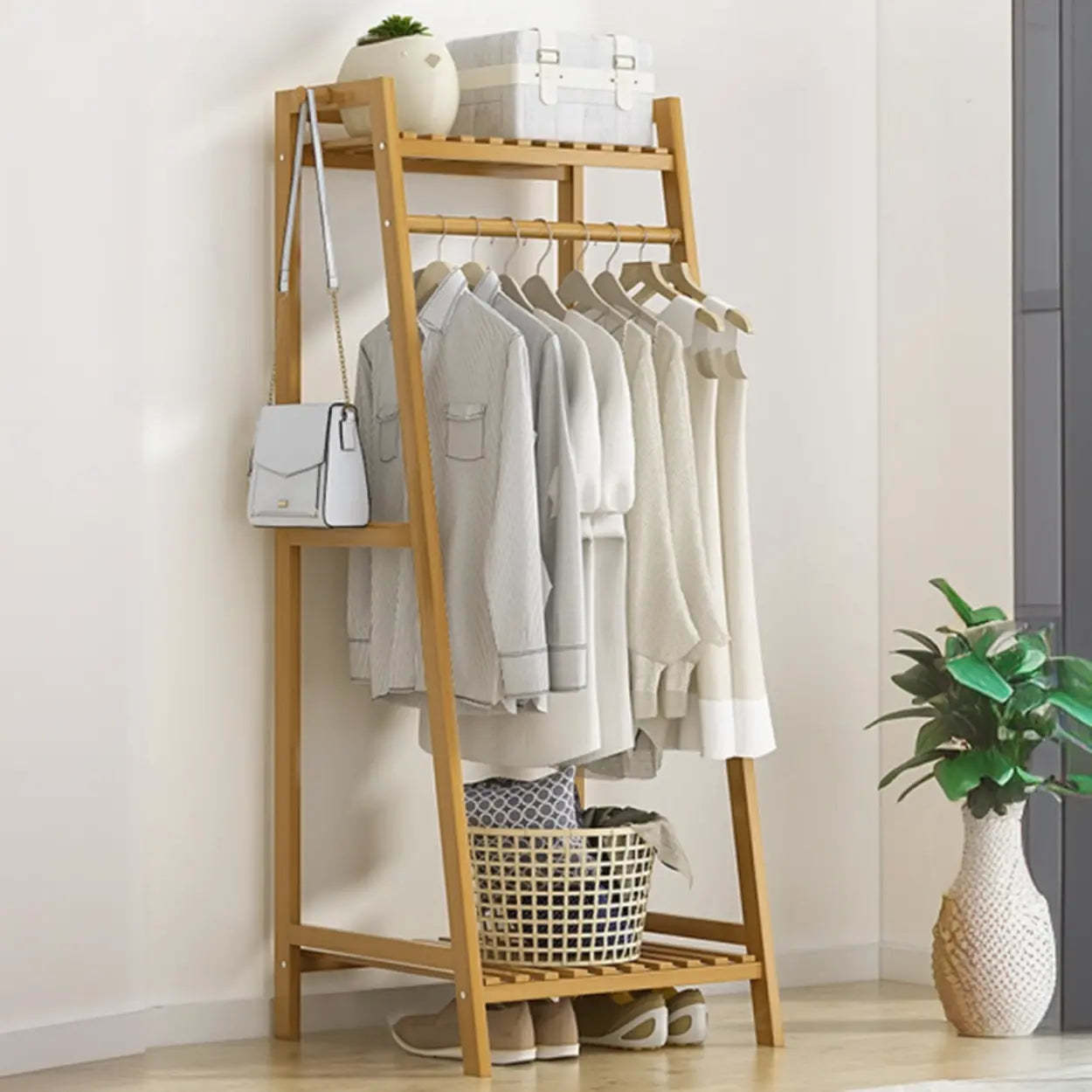 A-Frame Natural Bamboo Coat Rack with Shelves