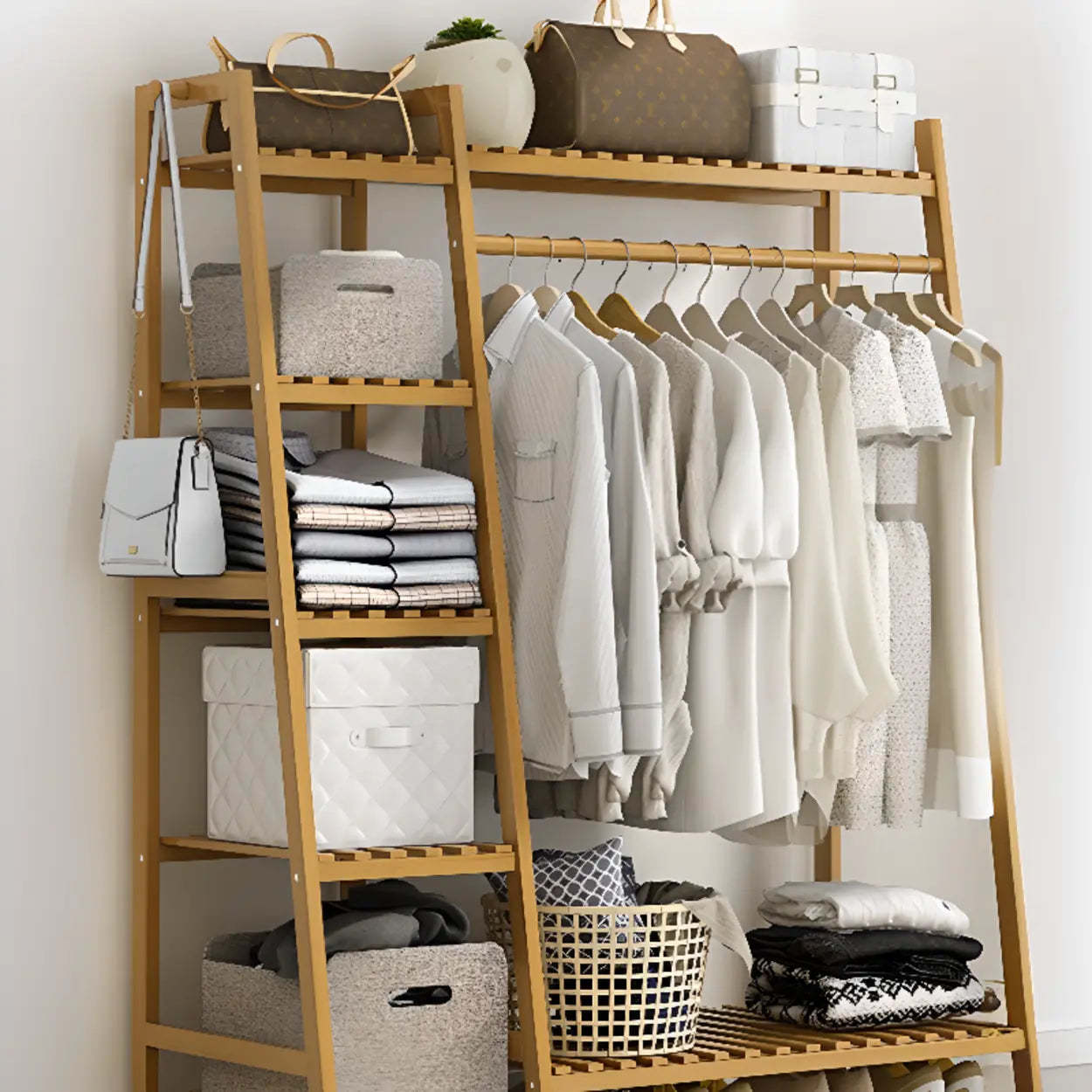 A-Frame Natural Bamboo Coat Rack with Shelves