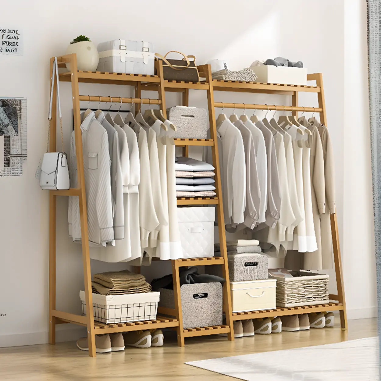 A-Frame Natural Bamboo Coat Rack with Shelves — Tan