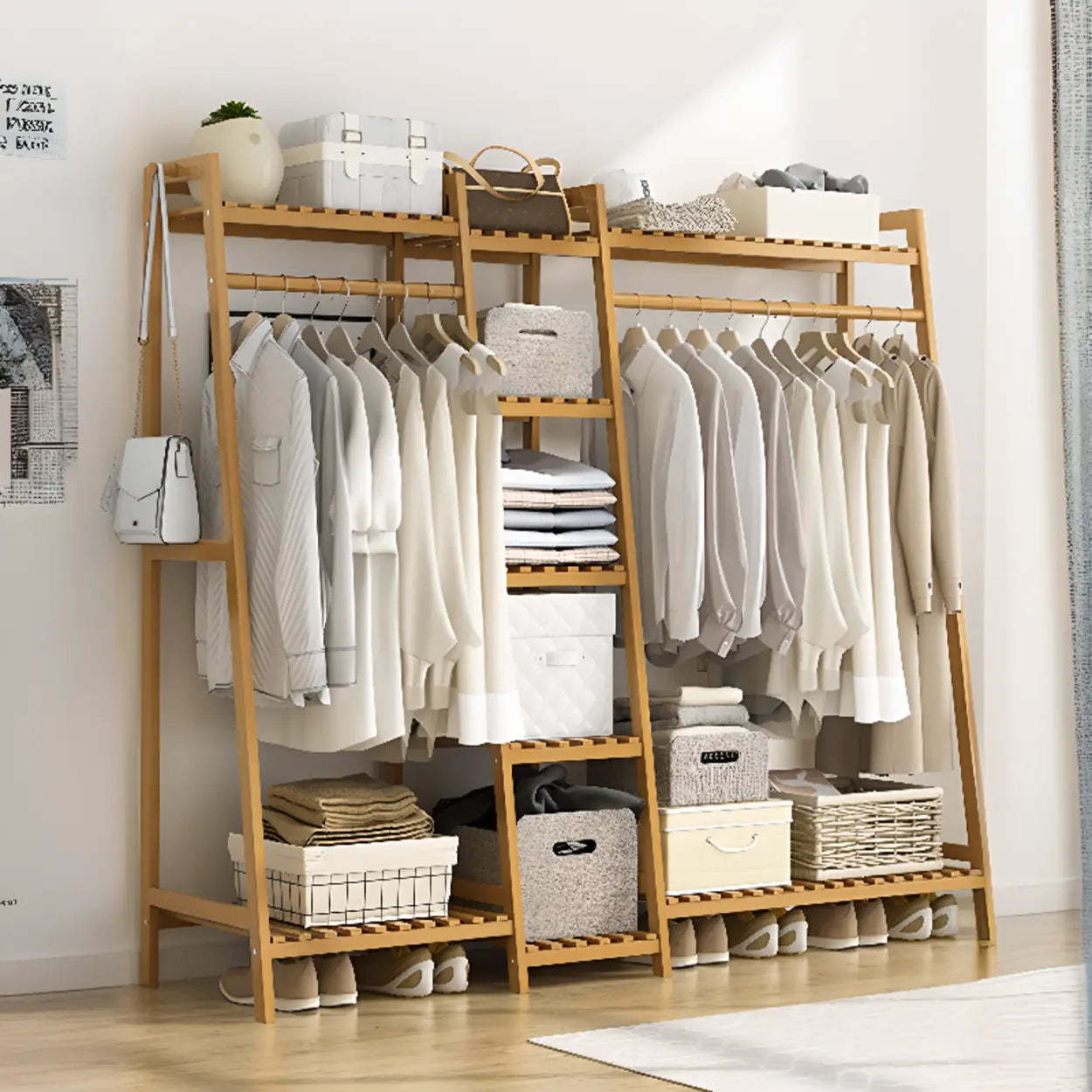 A-Frame Natural Bamboo Coat Rack with Shelves — Tan