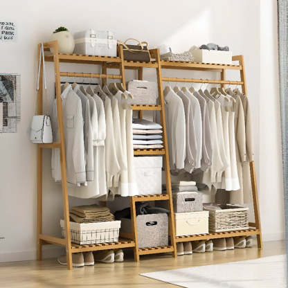 A-Frame Natural Bamboo Coat Rack with Shelves — Tan