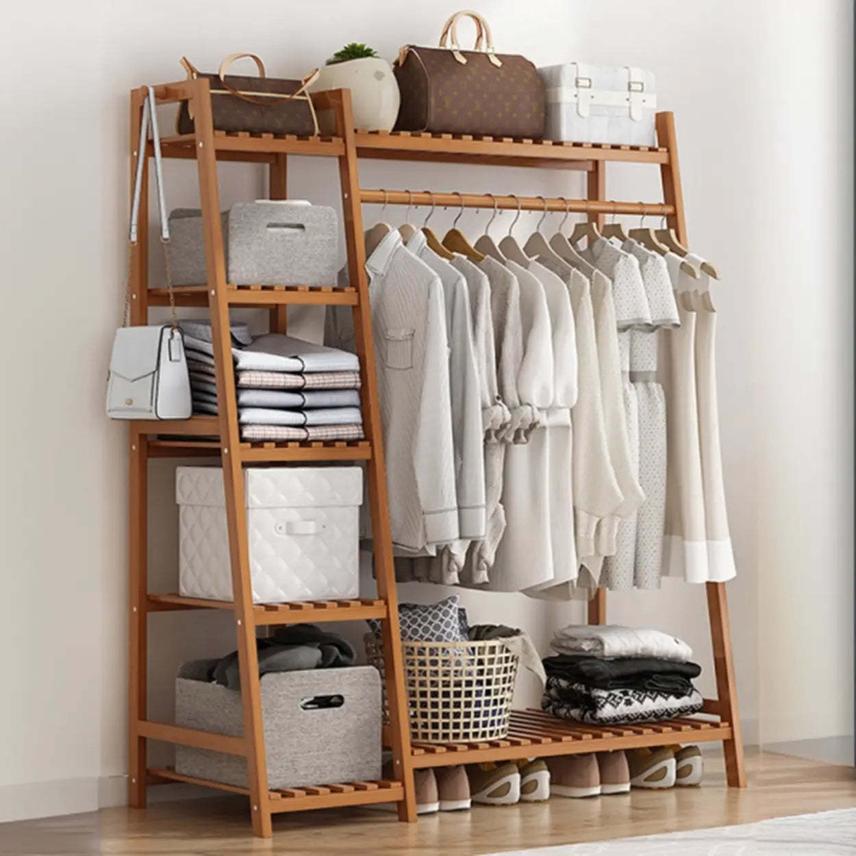 A-Frame Natural Bamboo Coat Rack with Shelves — Tan