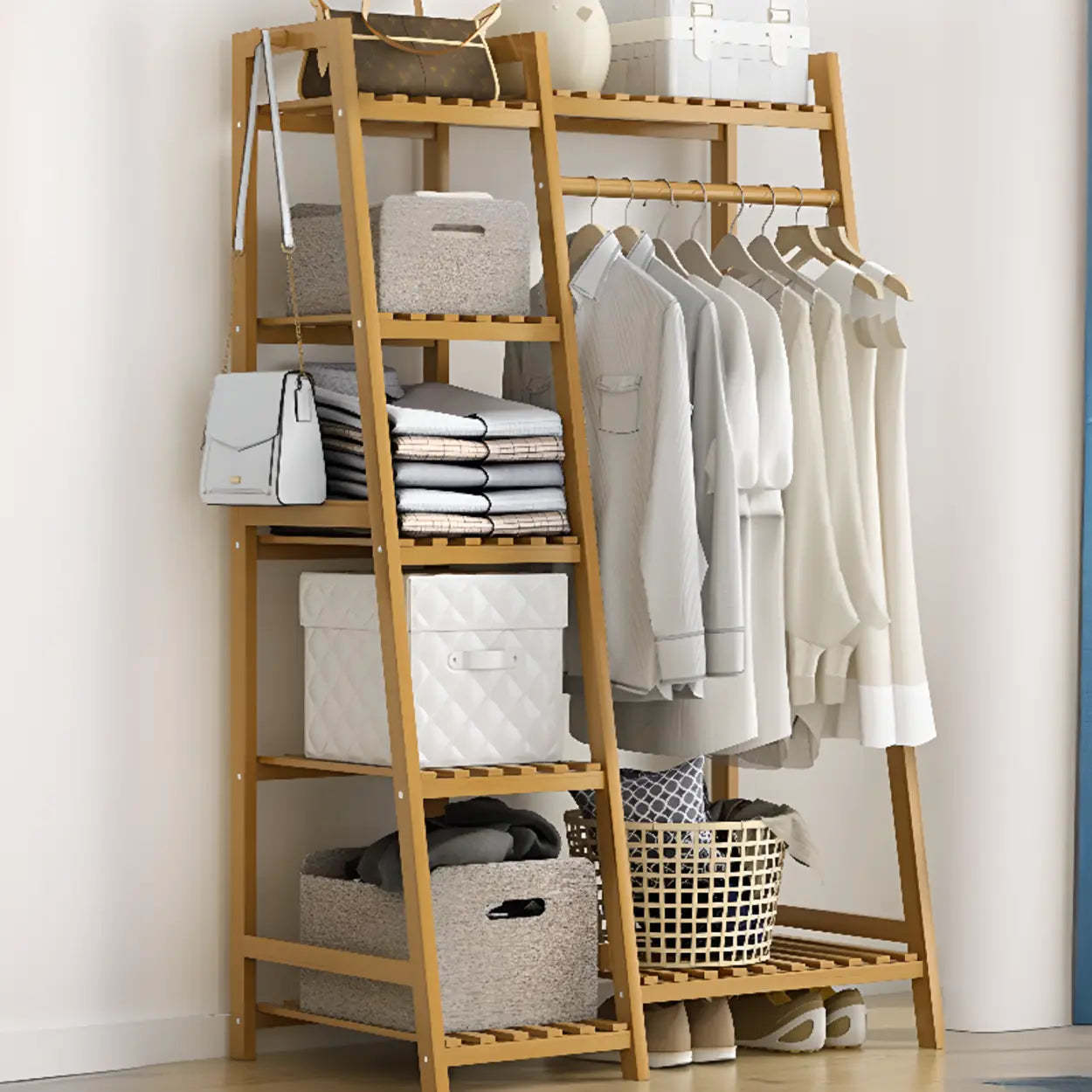 A-Frame Natural Bamboo Coat Rack with Shelves — Tan