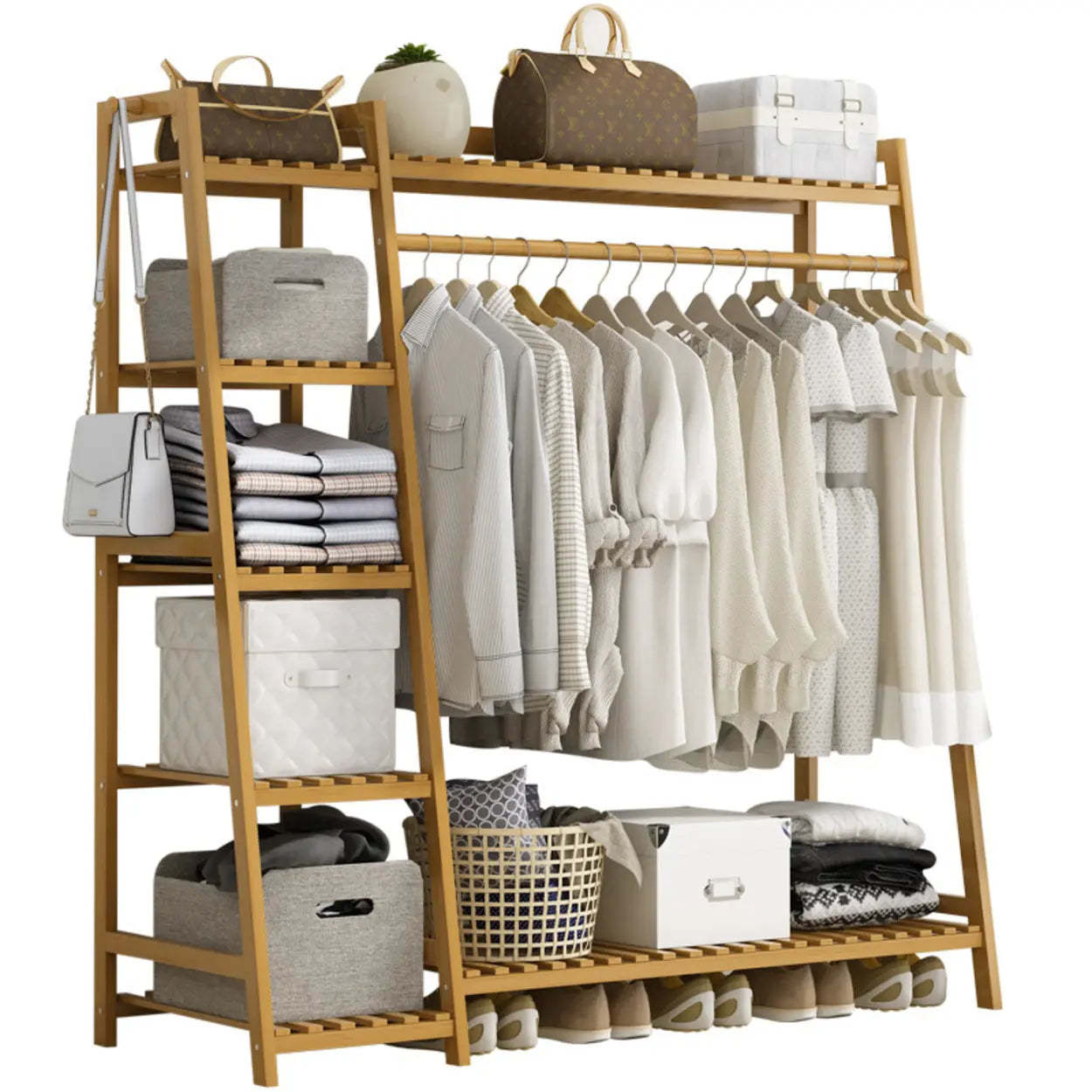 A-Frame Natural Bamboo Coat Rack with Shelves — Tan