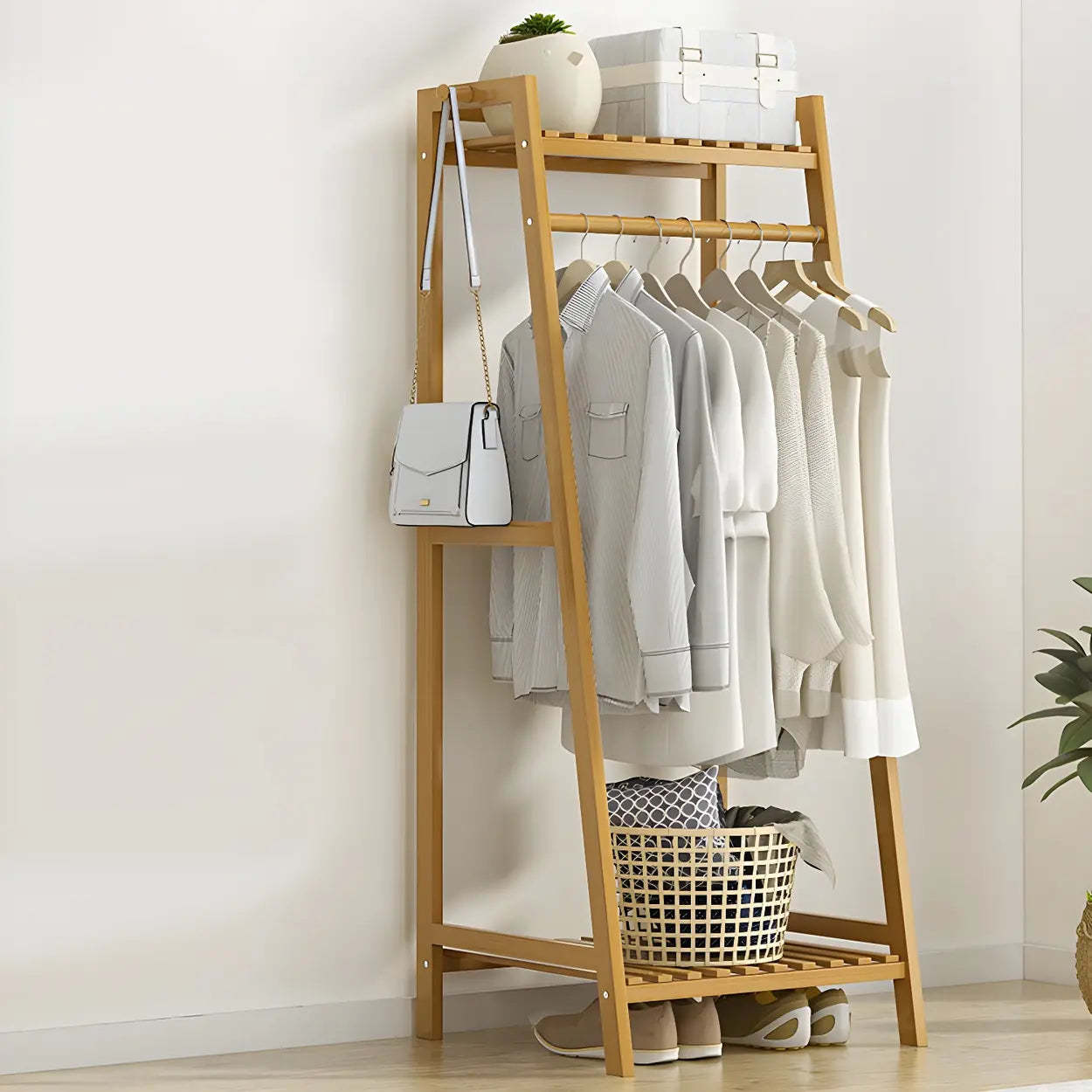 A-Frame Bamboo Coat Rack with Shelf — Natural Finish