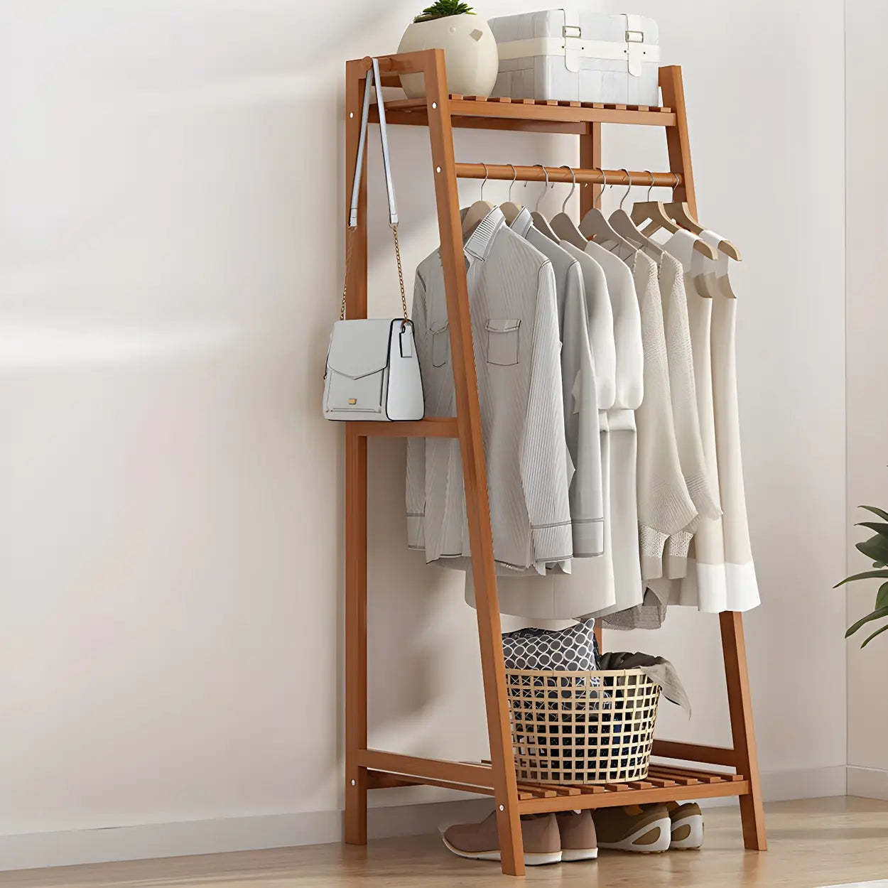 A-Frame Bamboo Coat Rack with Shelf — Deep Tan