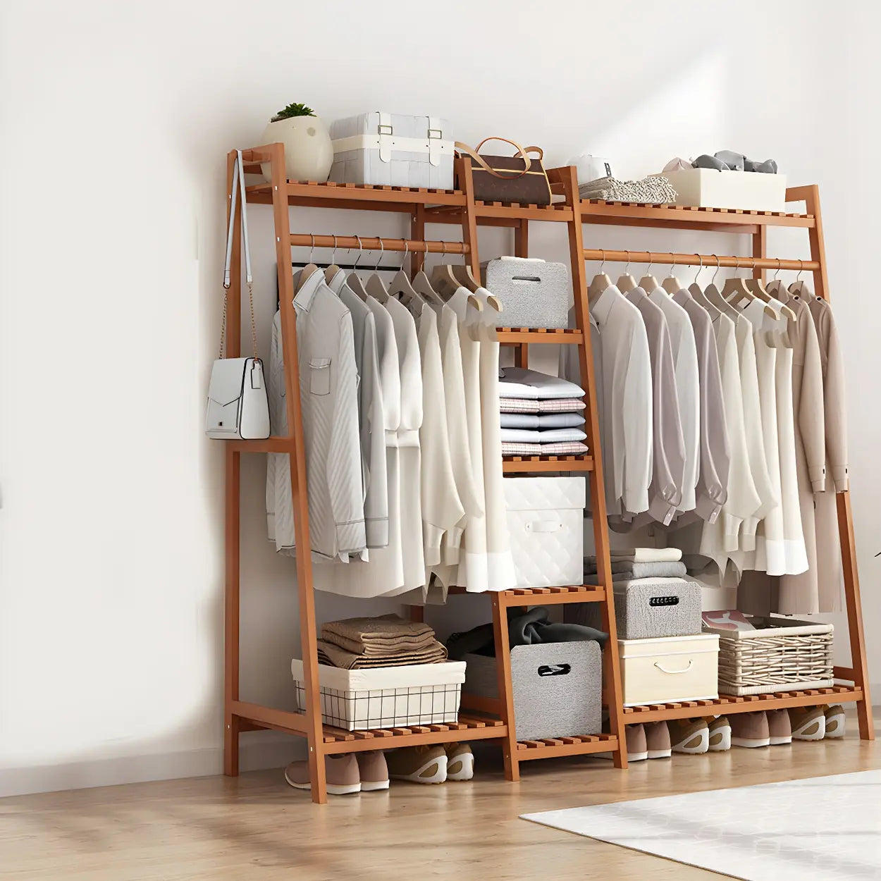 Modern decor a-frame oak bamboo hall trees & coat racks, Lighom — 63"L x 16"W x 55"H / Tan