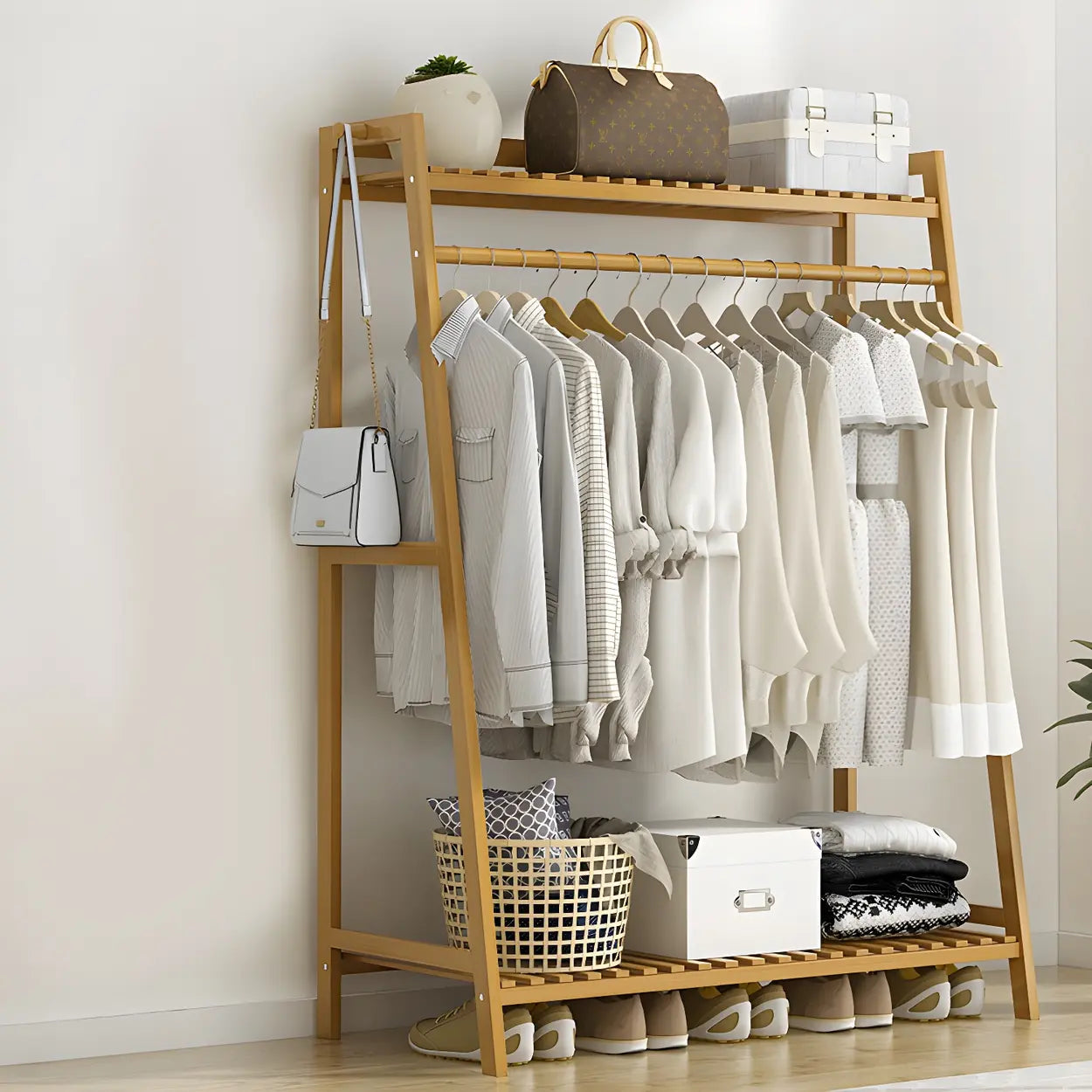 Modern decor coat hall trees & coat racks in bamboo — 75"L x 16"W x 55"H / Natural