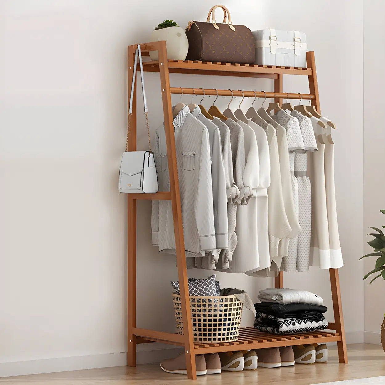 A-Frame Bamboo Coat Rack with Shelf — Tan