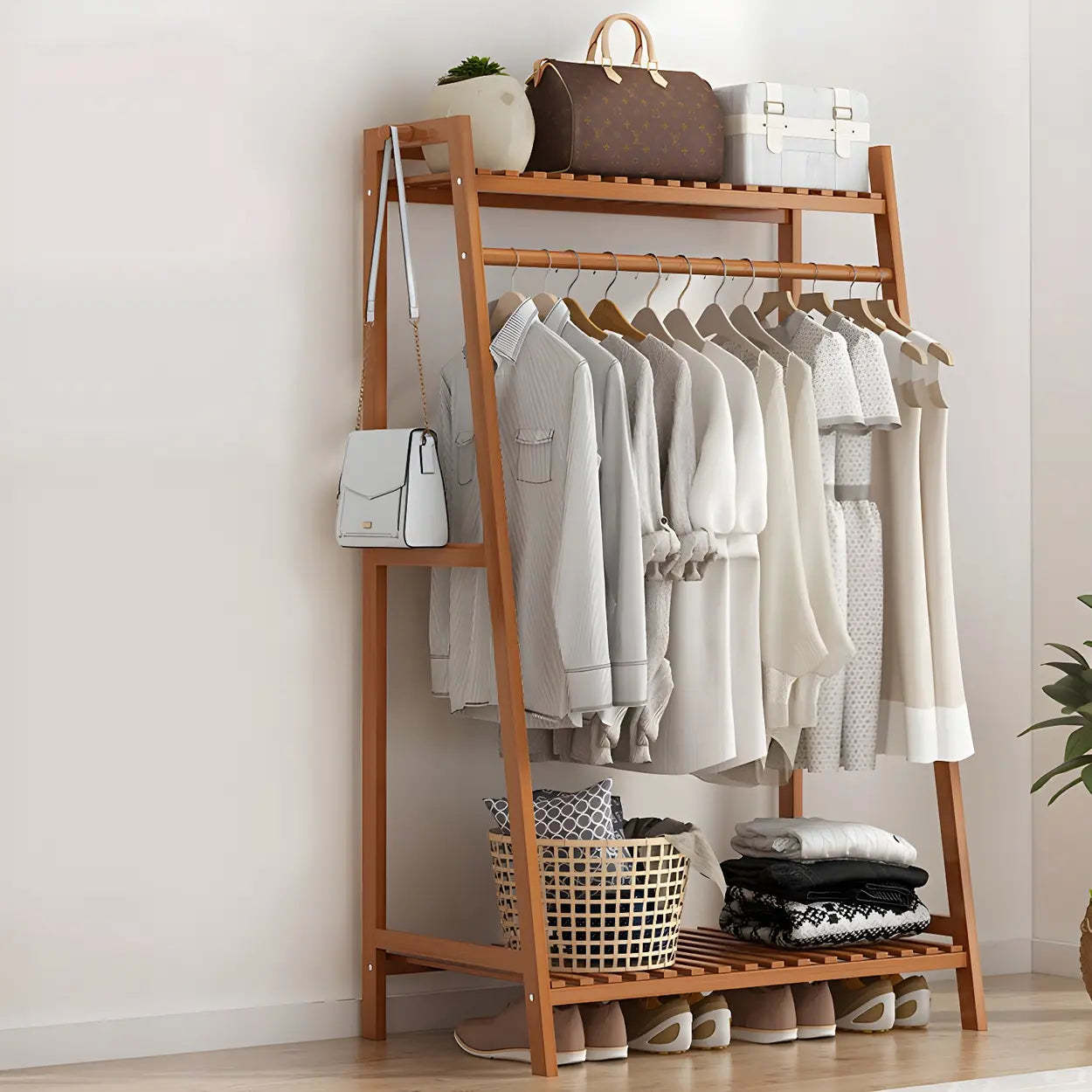 A-Frame Bamboo Coat Rack with Shelf — Tan
