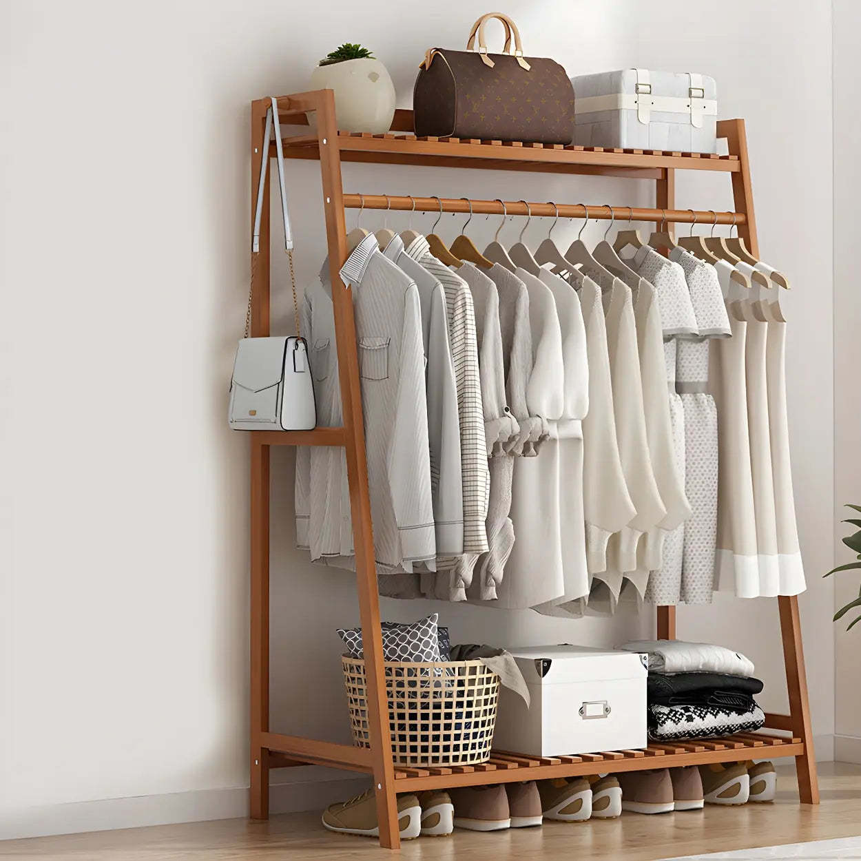 Modern home coat hall trees & coat racks in bamboo — 39"L x 16"W x 55"H / Tan