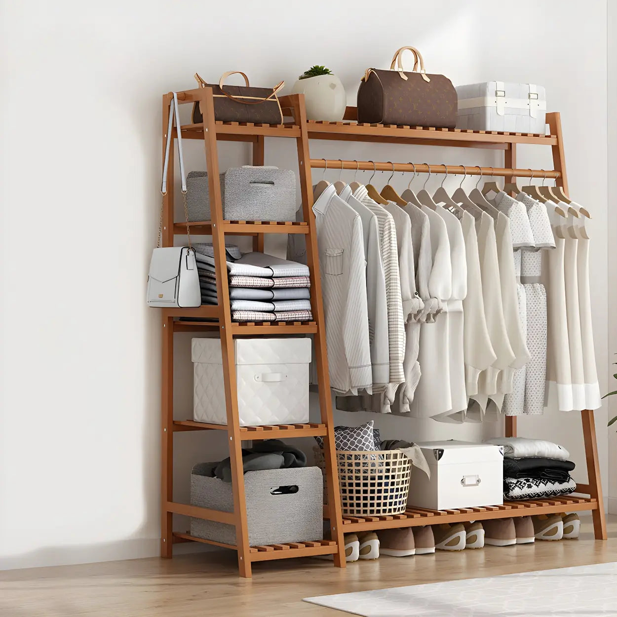 A-frame home bamboo hall trees & coat racks for hallway — 51"L x 16"W x 55"H / Tan