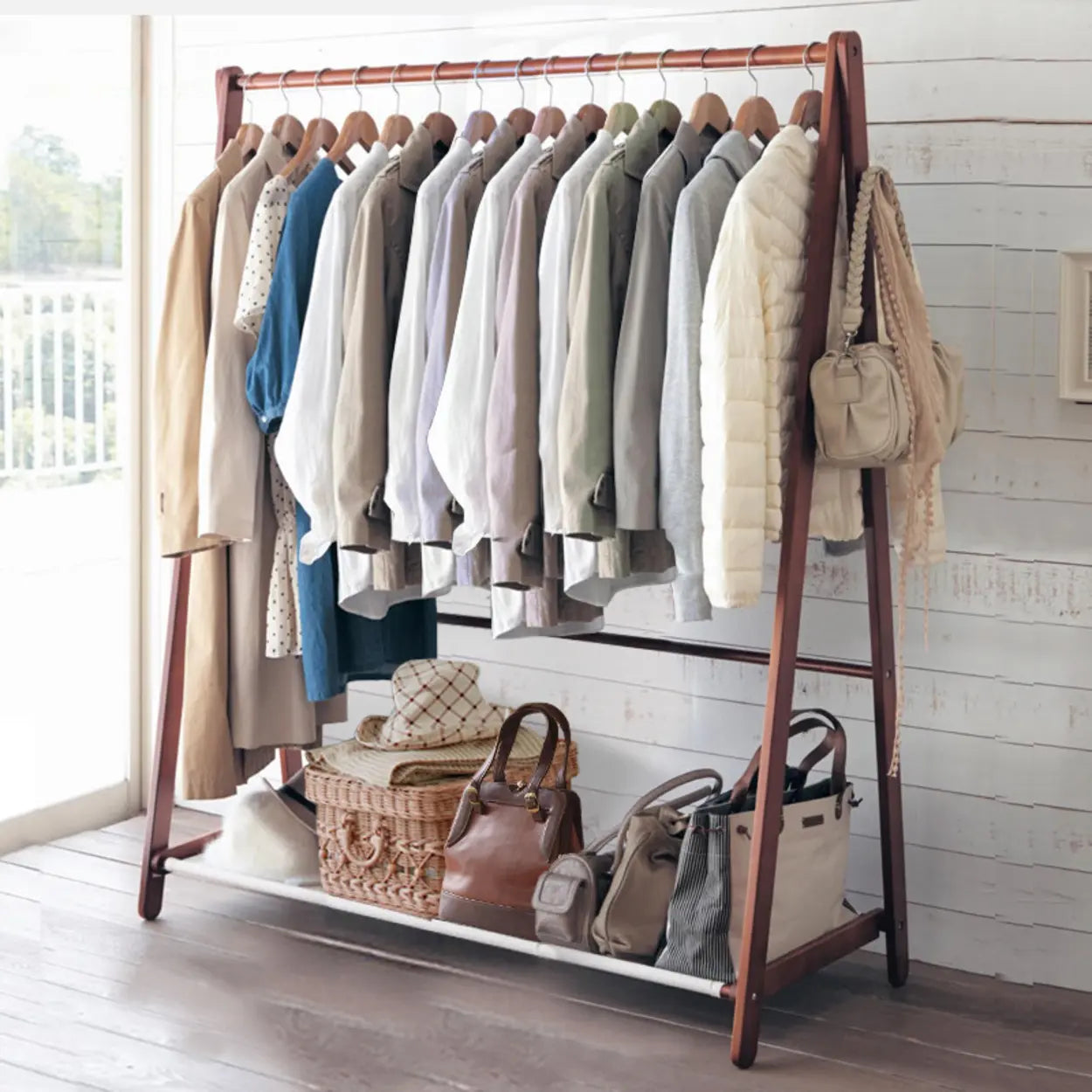 A-Frame Brown Wood Storage Coat Rack with Wheels