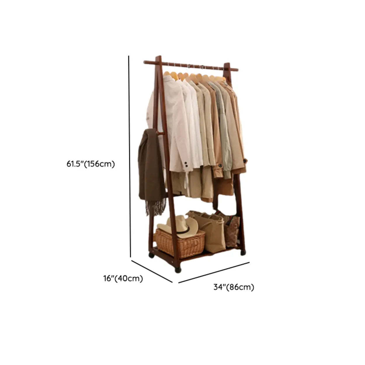 A-Frame Brown Wood Storage Coat Rack with Wheels