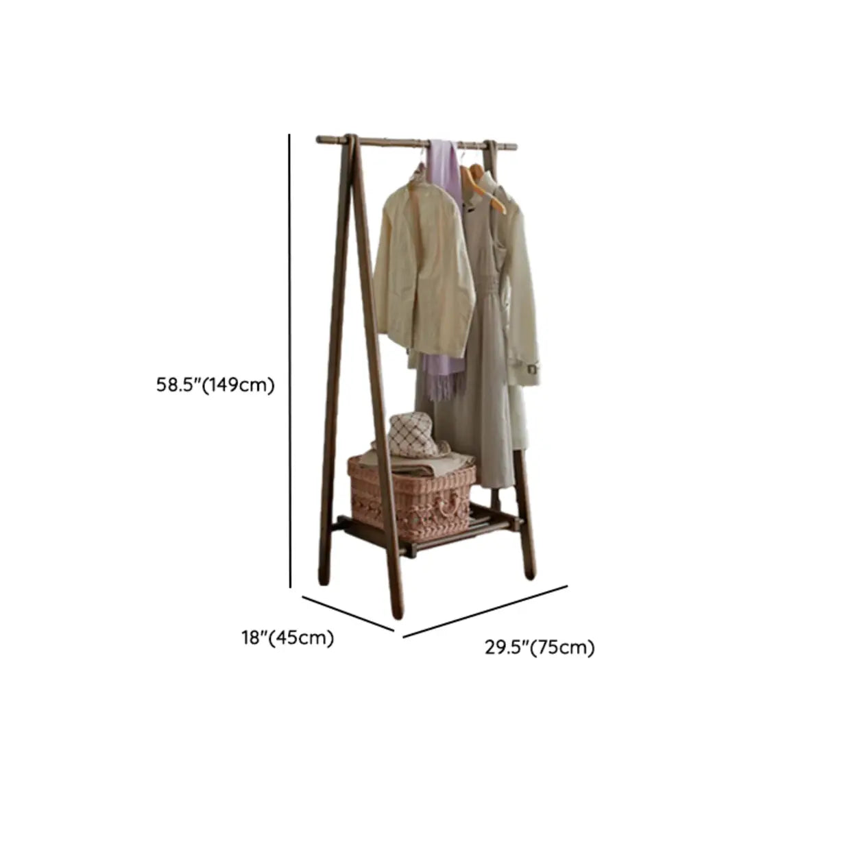 A-Frame Brown Wood Storage Coat Rack with Wheels