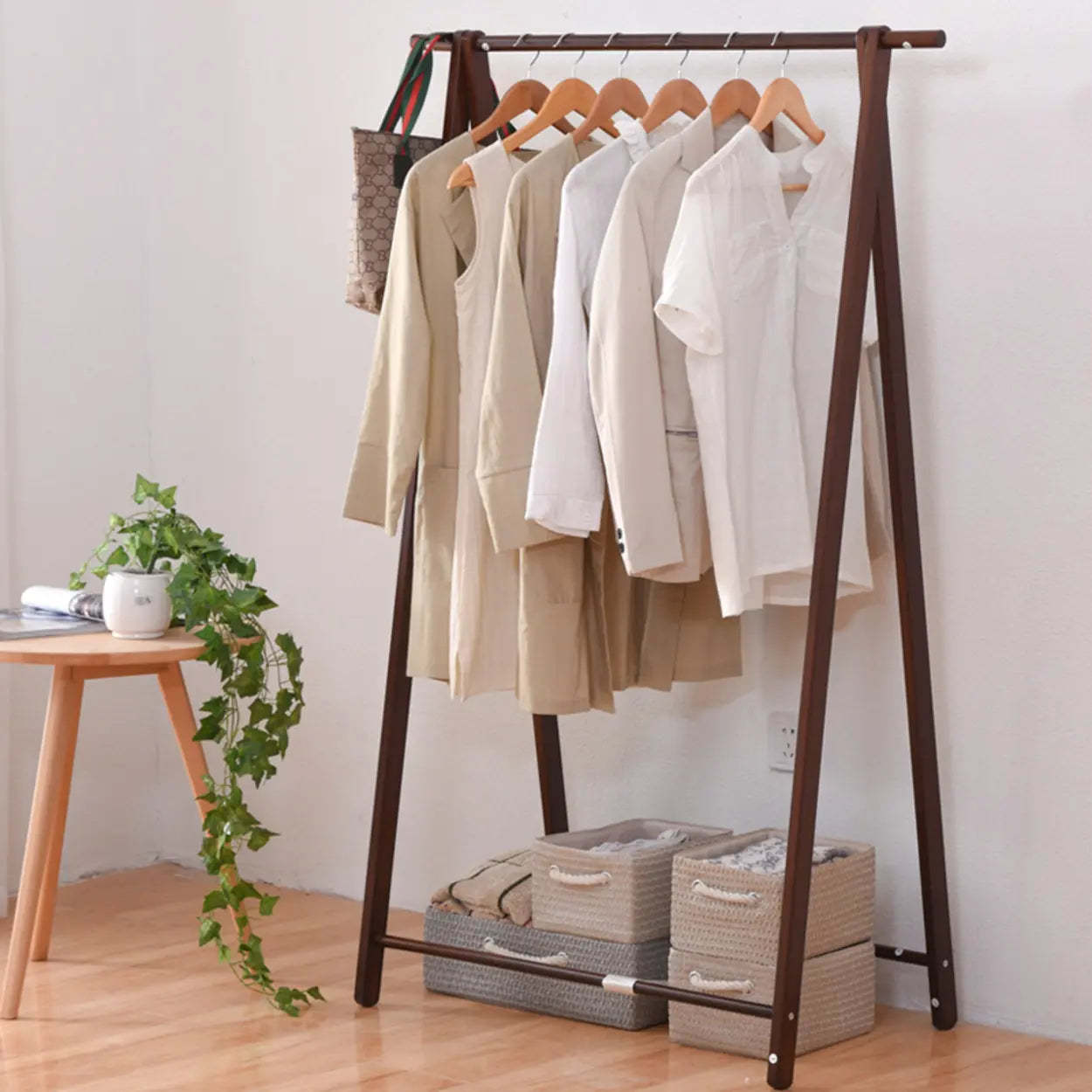 A-Frame Brown Wood Storage Coat Rack with Wheels
