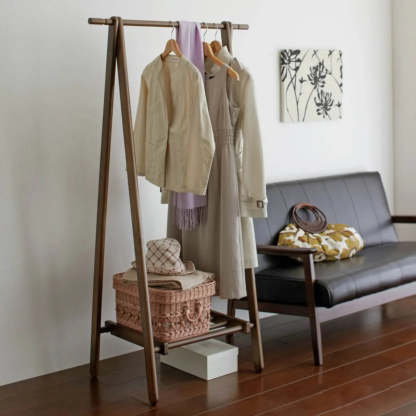 A-Frame Brown Wood Storage Coat Rack with Wheels